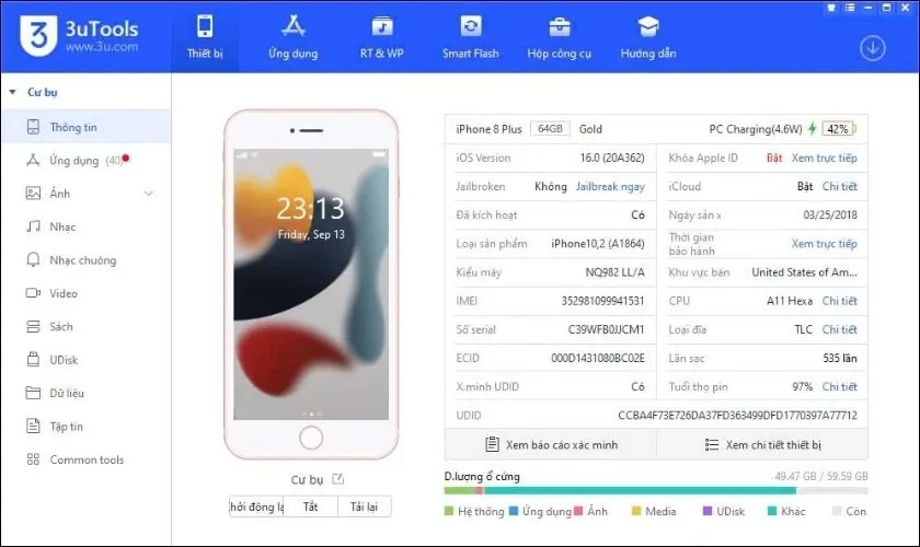 Giao diện 3uTools trên máy tính