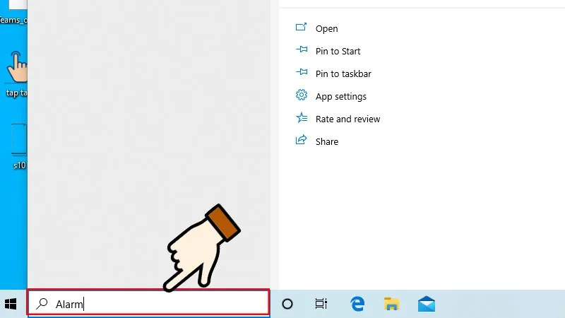 Nhập lệnh tìm kiếm công cụ báo thức trong Start Menu Windows 10