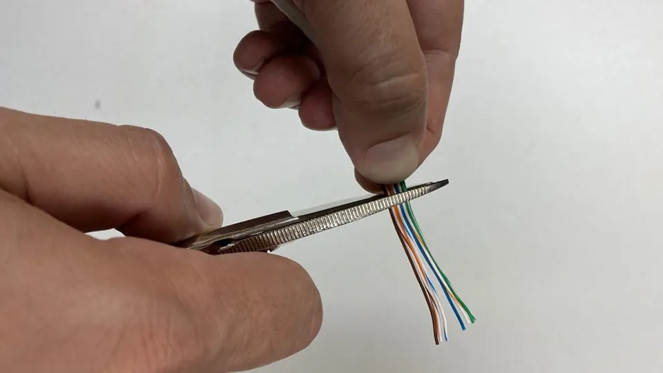 Cắt bỏ phần thừa để các đầu dây đồng đều nhau trước khi đưa vào hạt mạng