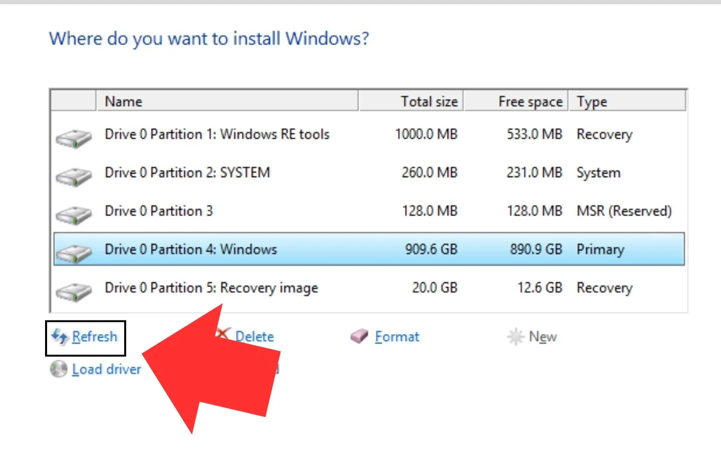 Làm mới danh sách phân vùng để hệ thống nhận diện định dạng mới.