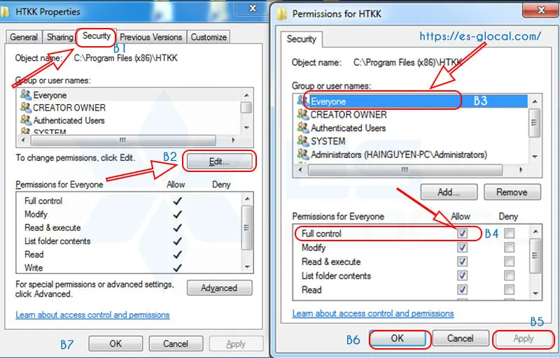 Bảng cài đặt bảo mật giúp cấp quyền đầy đủ cho người dùng trên máy tính Windows