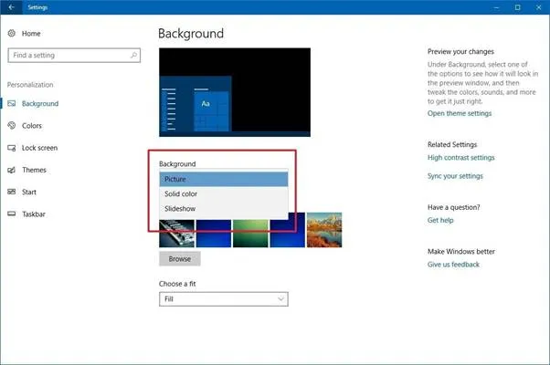 Bảng điều khiển Background với các tùy chọn đa dạng cho người dùng Windows 10