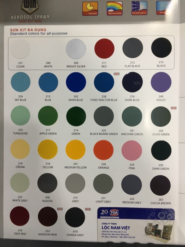Bảng Màu Sơn Xịt Win Chuẩn Nhất Từ Thương Hiệu Toa