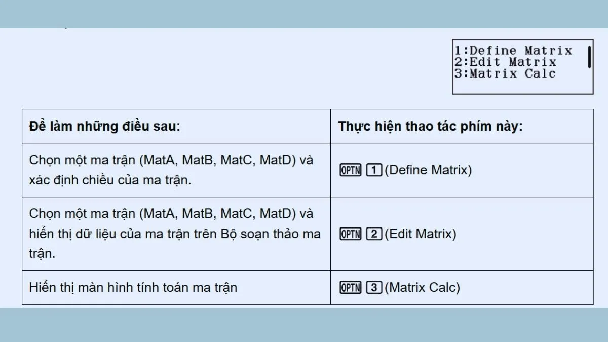 Bảng tổng hợp giúp quản lý các ma trận đã lưu trong bộ nhớ máy
