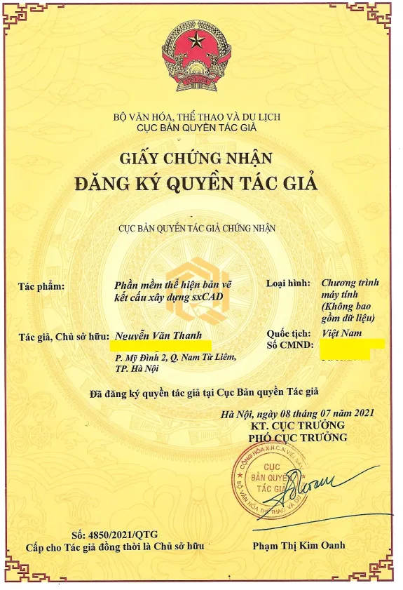 Chứng nhận bản quyền tác giả Nguyễn Văn Thanh cho phần mềm vẽ cad nhanh sxCAD
