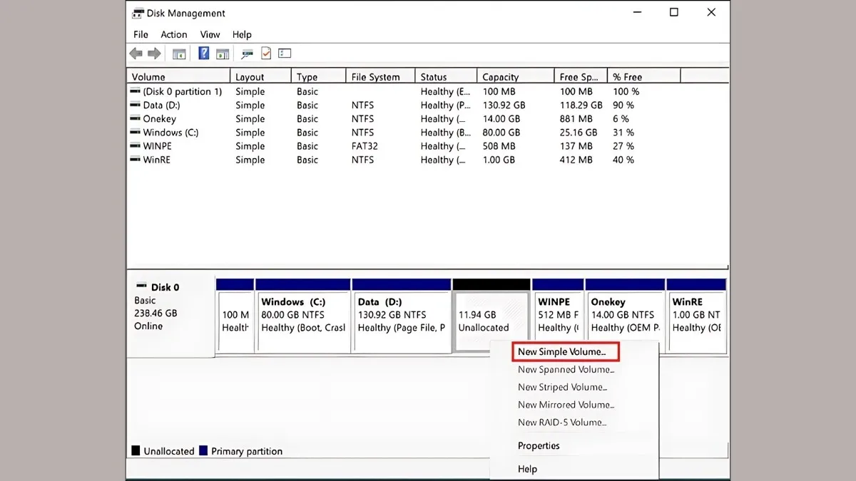 Bắt đầu thiết lập phân vùng mới với New Simple Volume Wizard