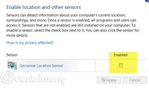 Tìm kiếm sensor trong Start menu