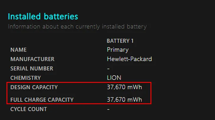 Giao diện Battery Report hiển thị thông số pin