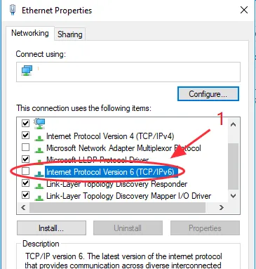 Bỏ chọn giao thức Internet Protocol Version 6 để sửa lỗi kết nối 651 nhanh nhất
