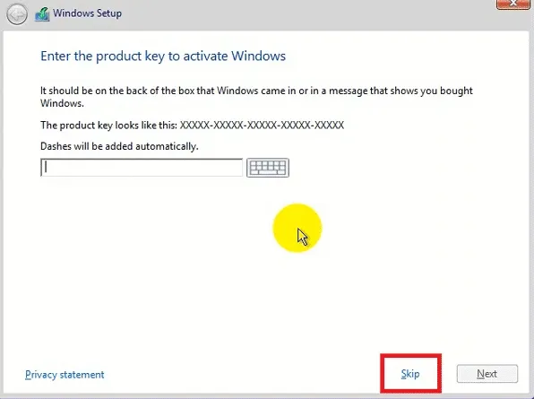Bỏ qua bước nhập key nếu bạn dùng bản quyền kỹ thuật số