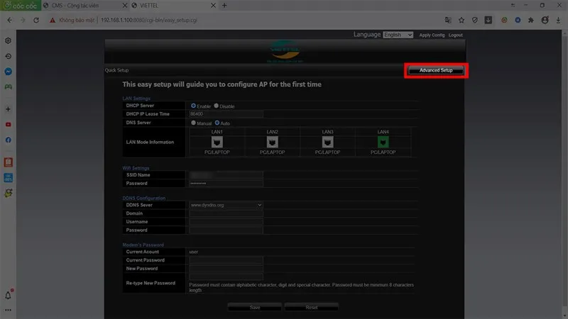 Lựa chọn mục cài đặt nâng cao để tùy chỉnh các thông số kết nối