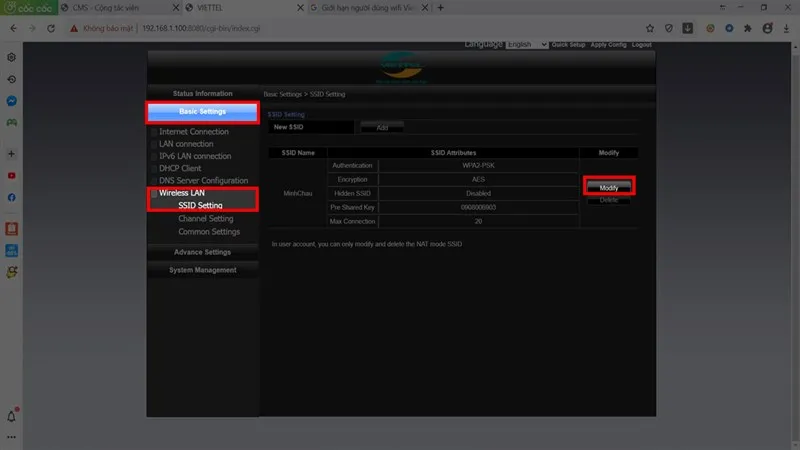 Tìm đến mục SSID Setting để quản lý các thông số phát sóng wifi