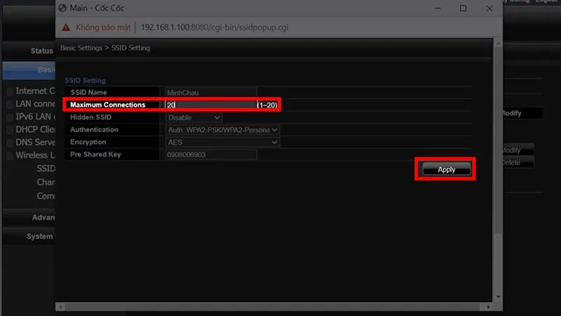 Chỉnh sửa mục Maximum Connection để hoàn tất việc giới hạn truy cập wifi