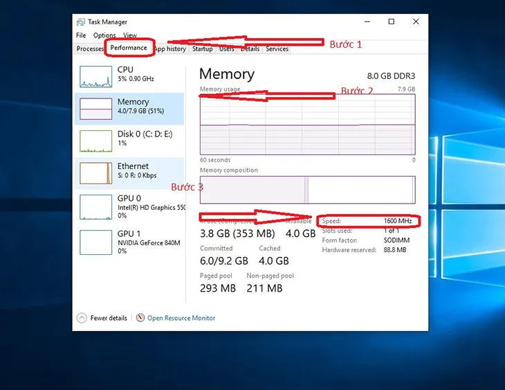 Kiểm tra tốc độ Bus RAM thực tế đang chạy trong Task Manager