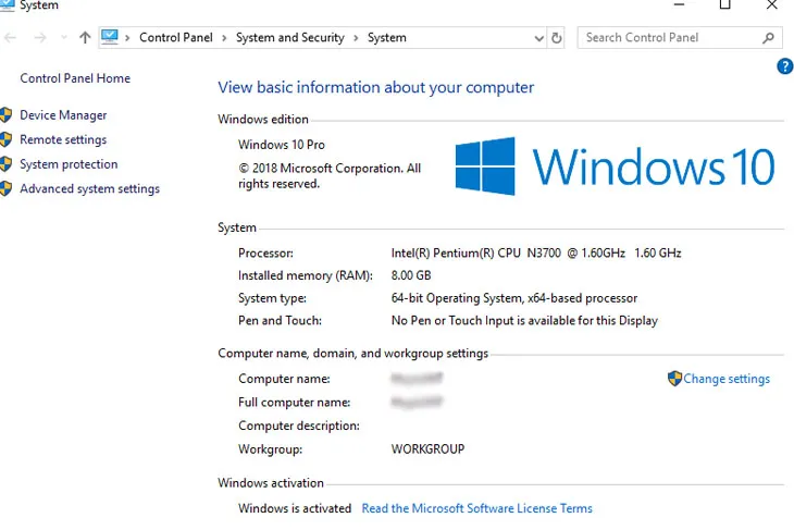 Giao diện System Properties trên Windows 7