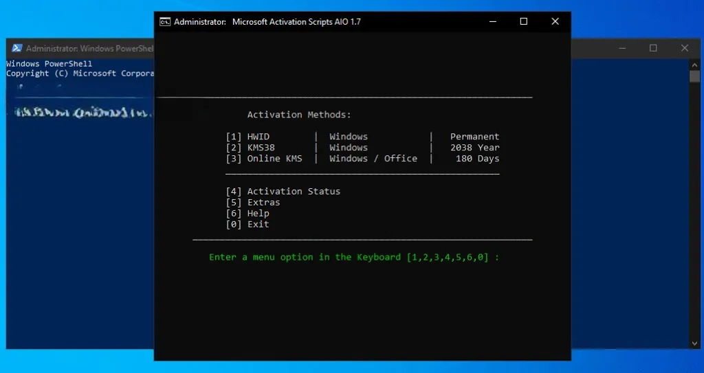 Chọn tùy chọn số 1 trong menu Microsoft Activation Scripts