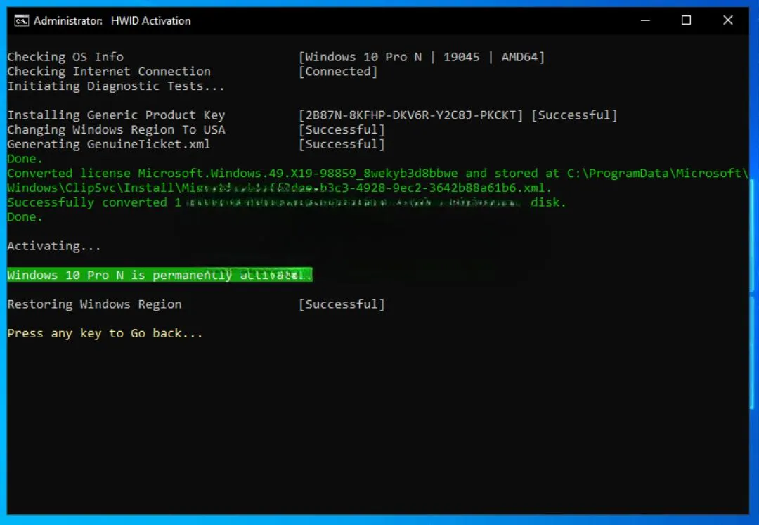 Quá trình kích hoạt Windows tự động hoàn tất