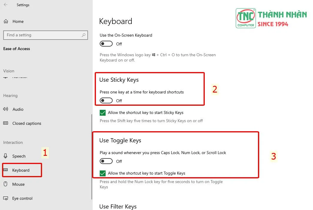 Các bước tắt tính năng Sticky Keys và Filter Keys để ổn định việc gõ phím