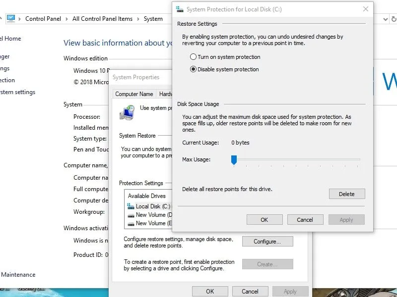 Các bước thực hiện tắt tính năng System Restore trên Windows 10 để giải phóng dung lượng ổ cứng