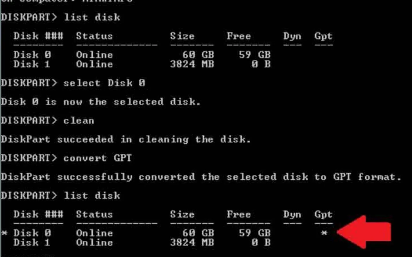 Kiểm tra dấu sao tại cột GPT để xác nhận ổ đĩa đã ở đúng định dạng.