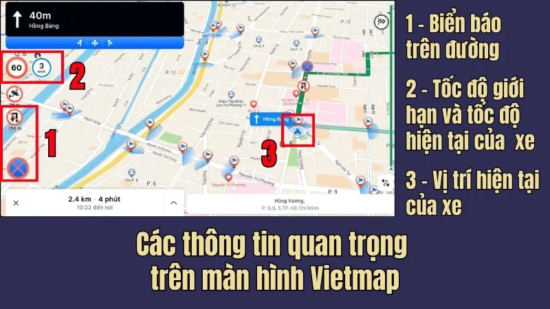 Các thông tin quan trọng hiển thị trên màn hình Vietmap