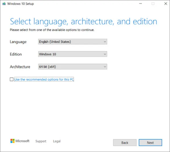 Các tùy chọn thiết lập thông số cho bộ cài đặt Windows 10