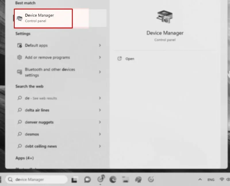 Vào Search, tìm và chọn Device Manager