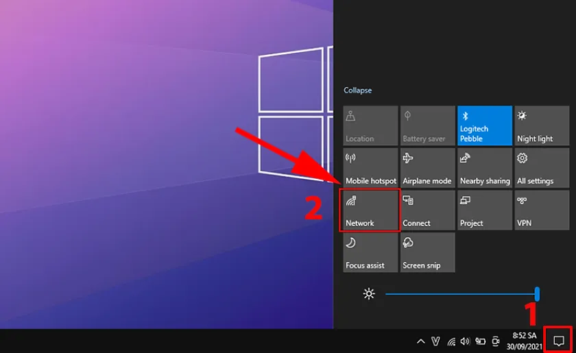 Thao tác kết nối WiFi nhanh từ Action Center