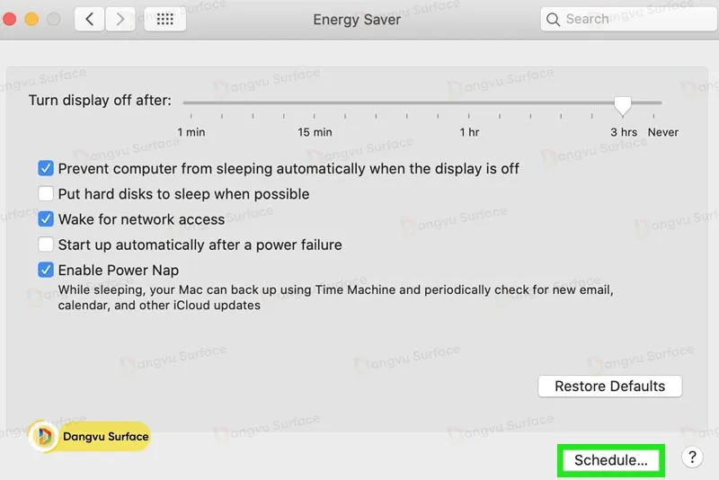 Nút Schedule trong Energy Saver
