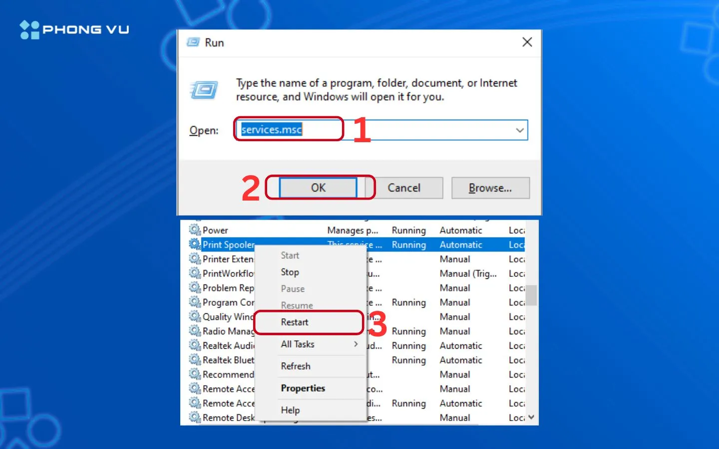 Khởi động lại Print Spooler