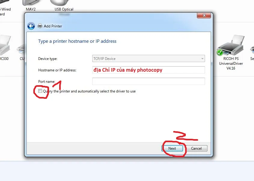 Giao diện thêm máy in qua mạng