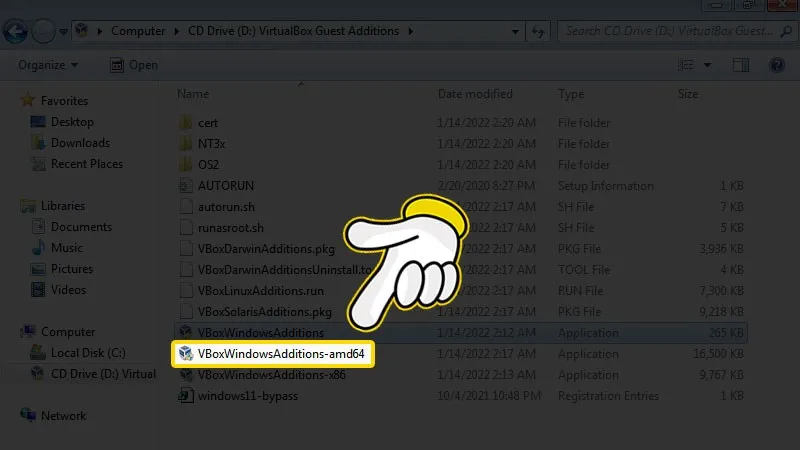 Chọn VBoxWindowsAdditions-amd64