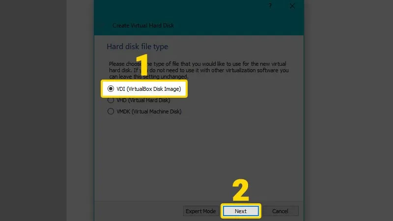 Chọn định dạng VDI cho ổ cứng