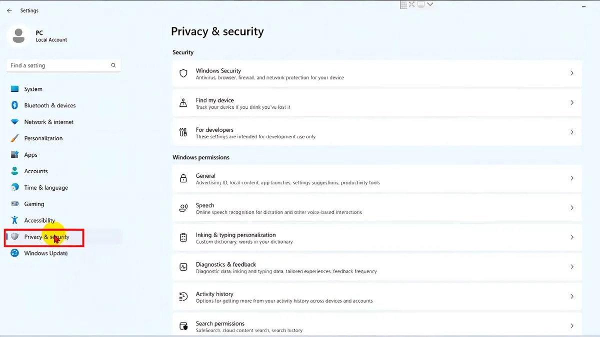 Mở cài đặt Privacy & Security