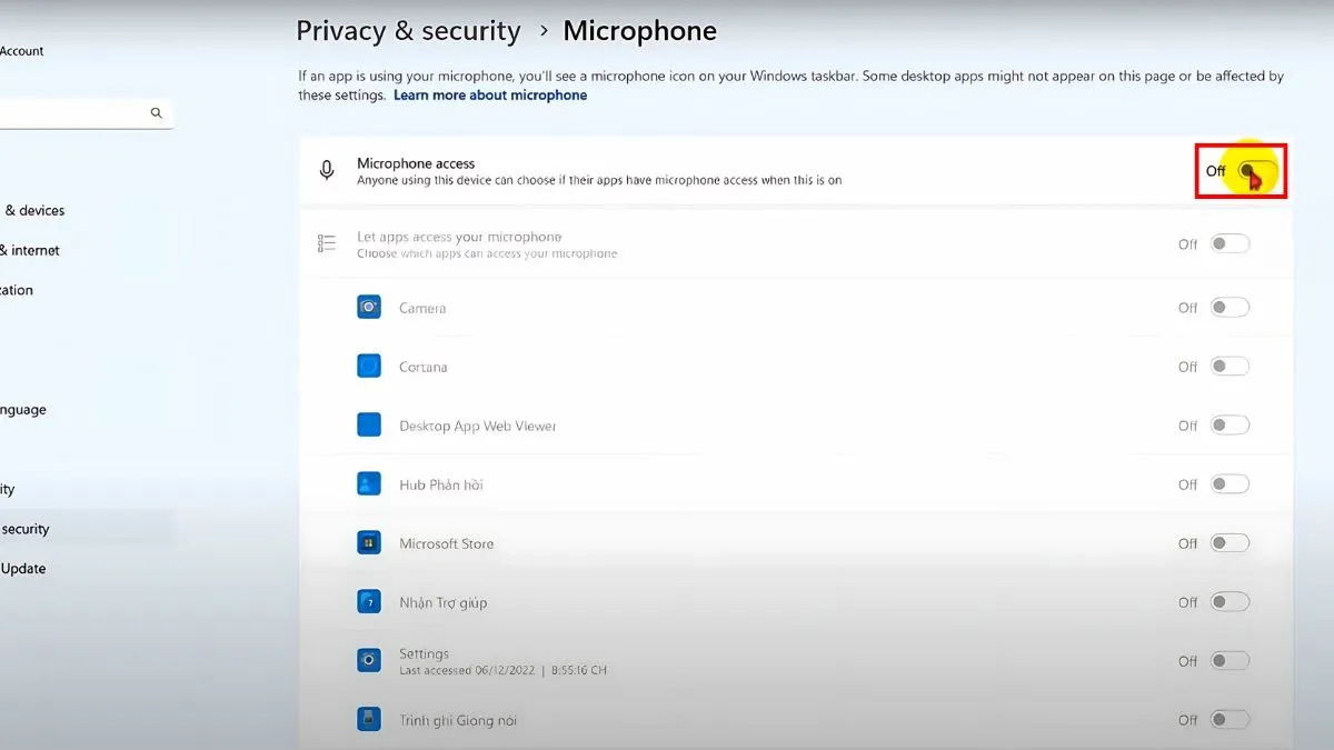 Bật quyền truy cập micro cho ứng dụng