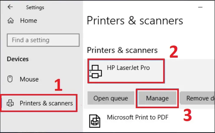 Chọn máy in trong danh sách Printers & scanners rồi nhấn Manage