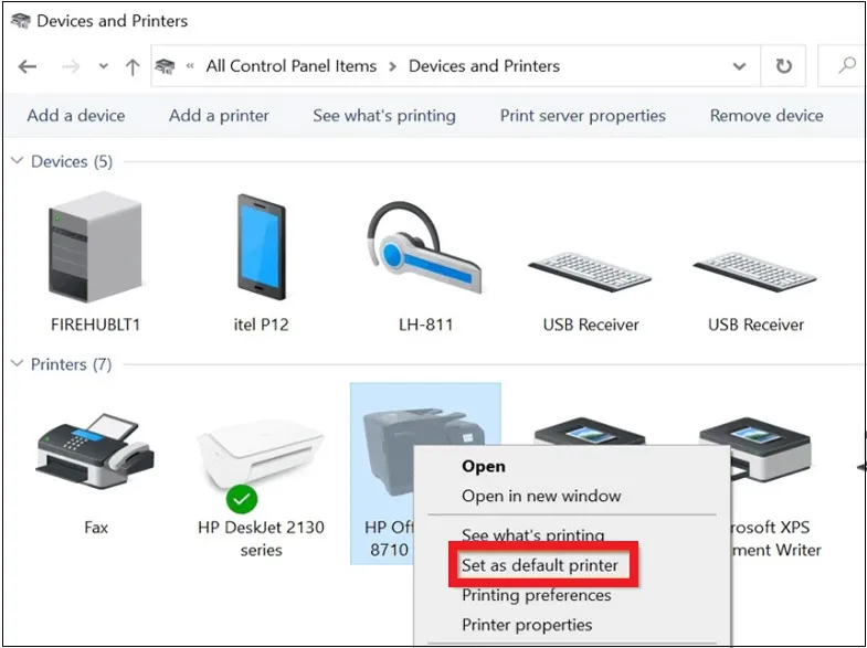 Chuột phải vào tên máy in và chọn Set as default printer