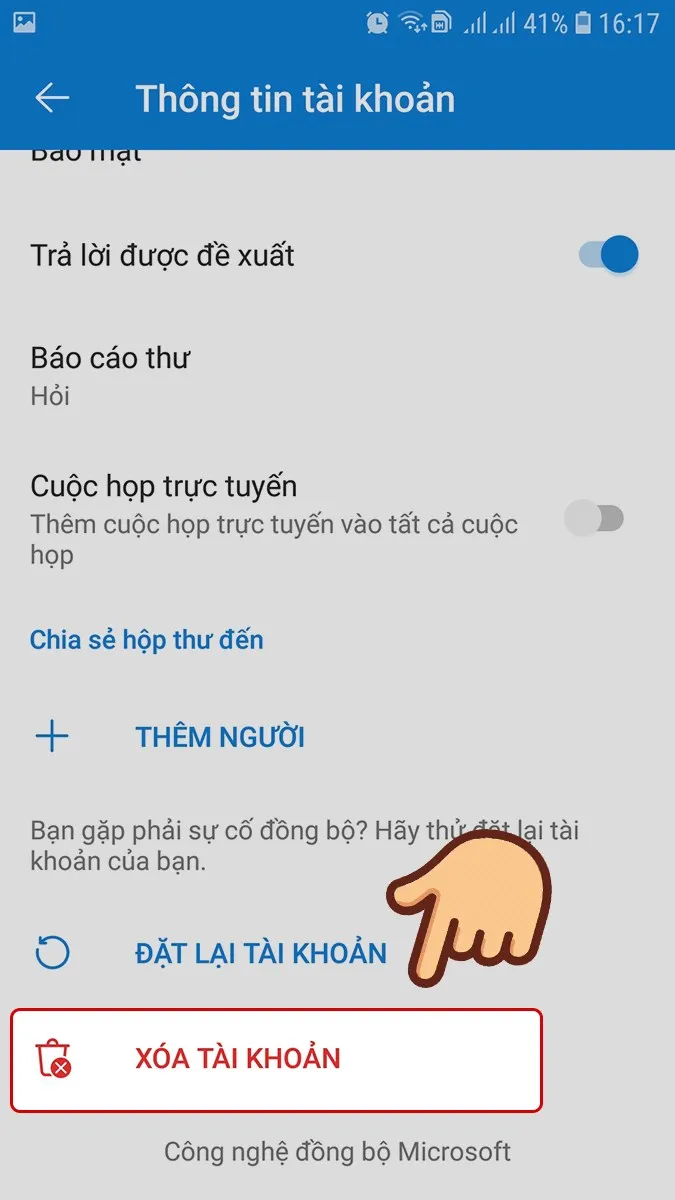 Nhấn xóa tài khoản khỏi ứng dụng
