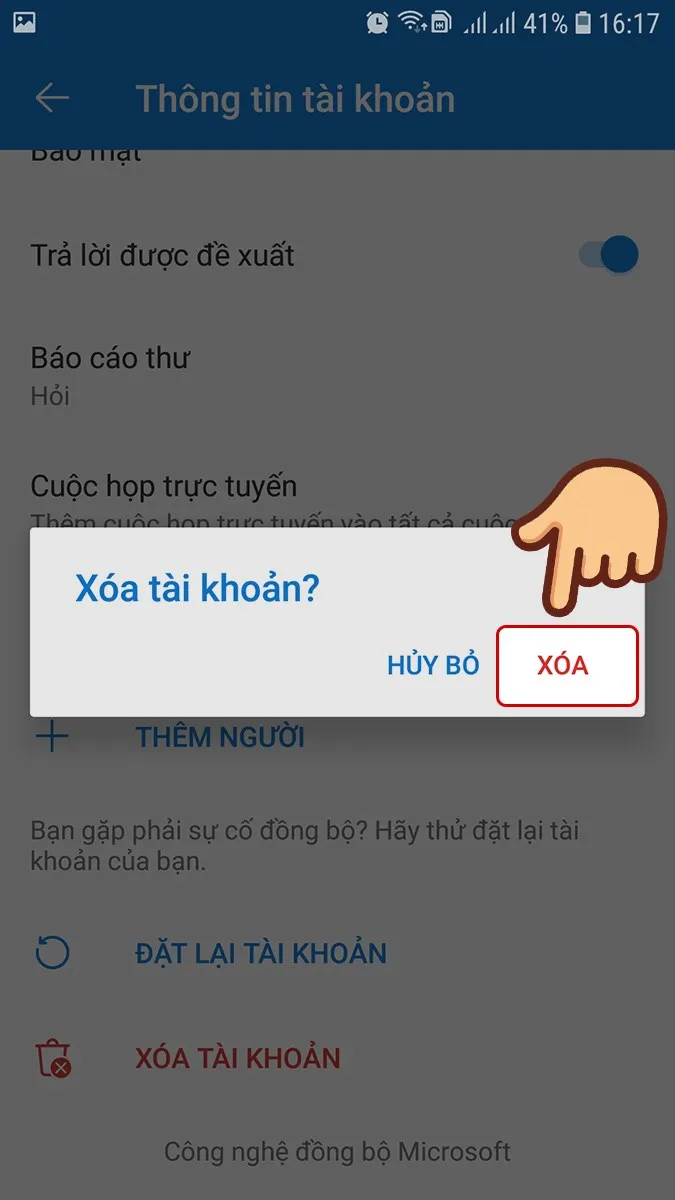 Xác nhận xóa tài khoản Outlook