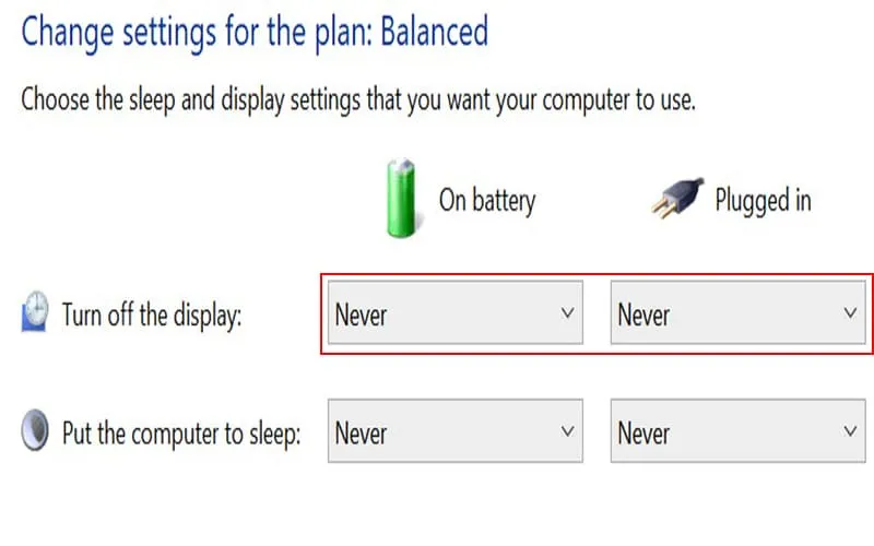 Cài đặt Never để màn hình không tự động tắt
