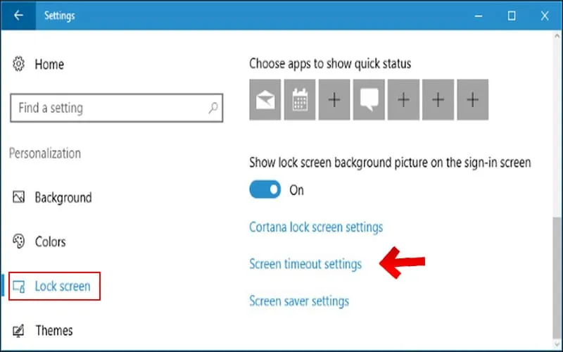 Nhấn chọn vào biểu tượng Personalization, chọn Lock screen và sau đó chọn Screen timeout settings