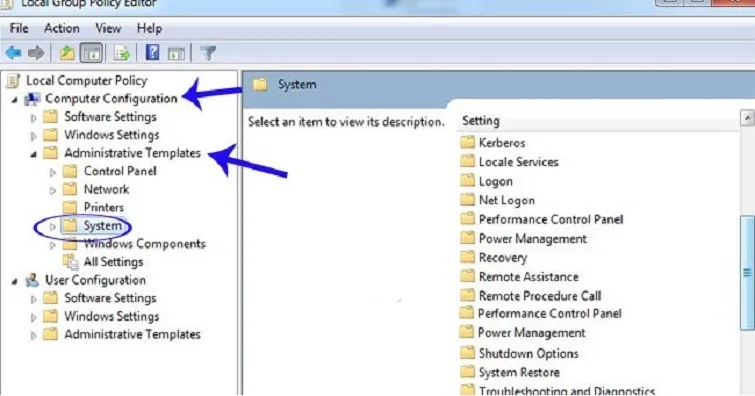 Truy cập mục System trong Administrative Templates