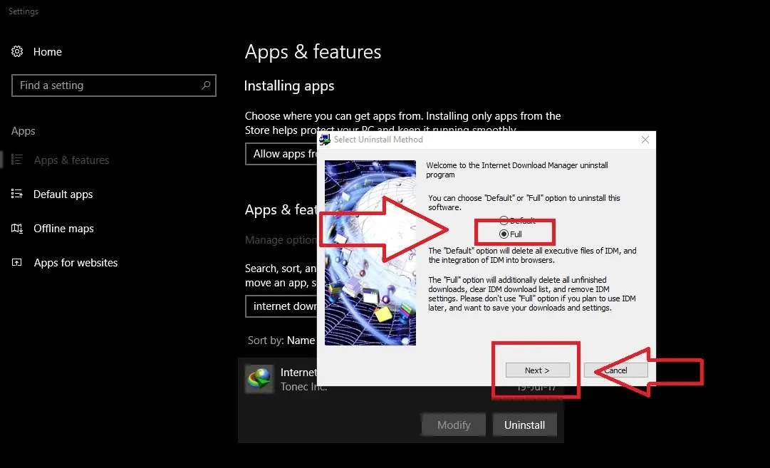 Chọn Full để gỡ hoàn toàn IDM