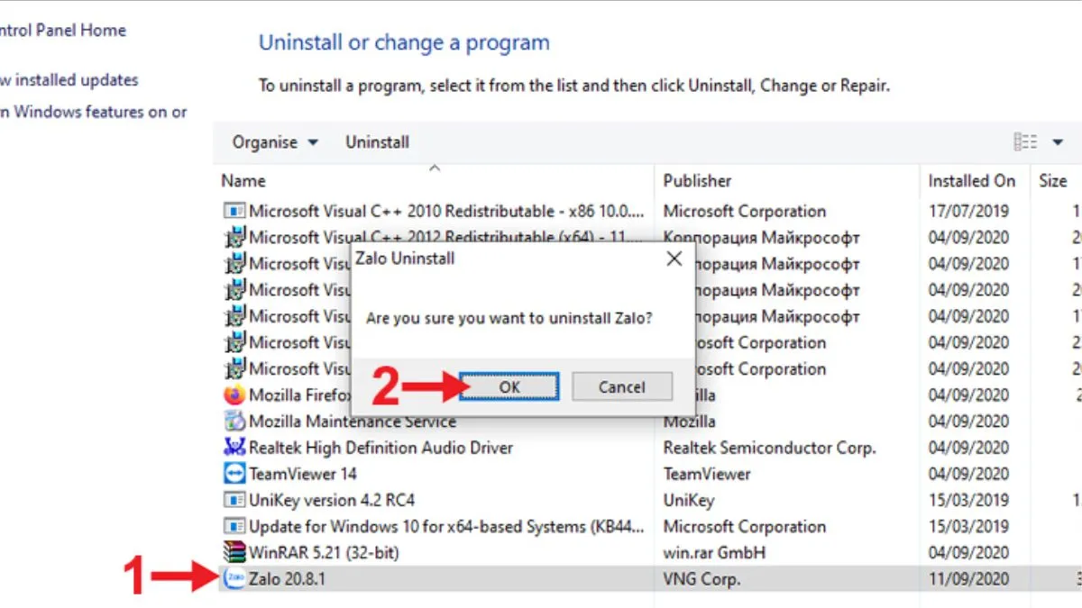Gỡ Zalo từ Control Panel