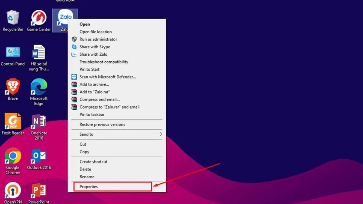 Xem thuộc tính shortcut Zalo