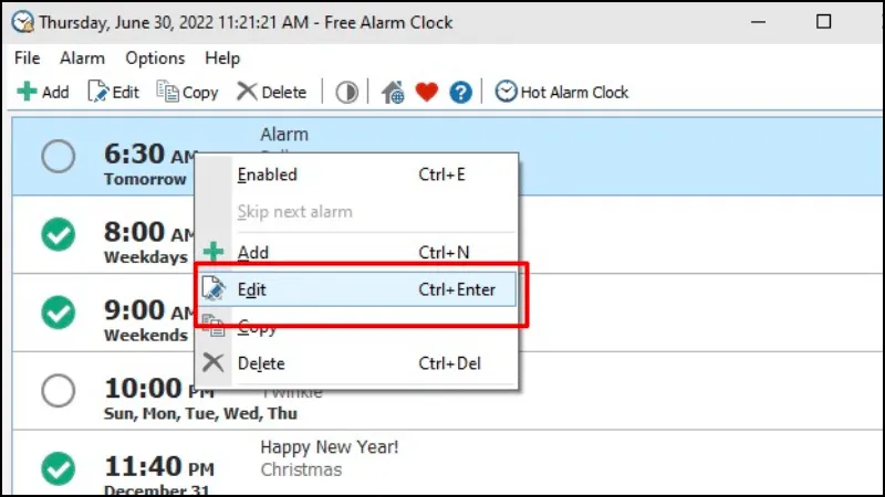 Quản lý danh sách báo thức bằng menu chuột phải