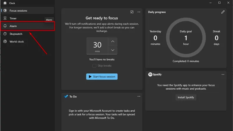 Truy cập menu Alarm để bắt đầu thiết lập
