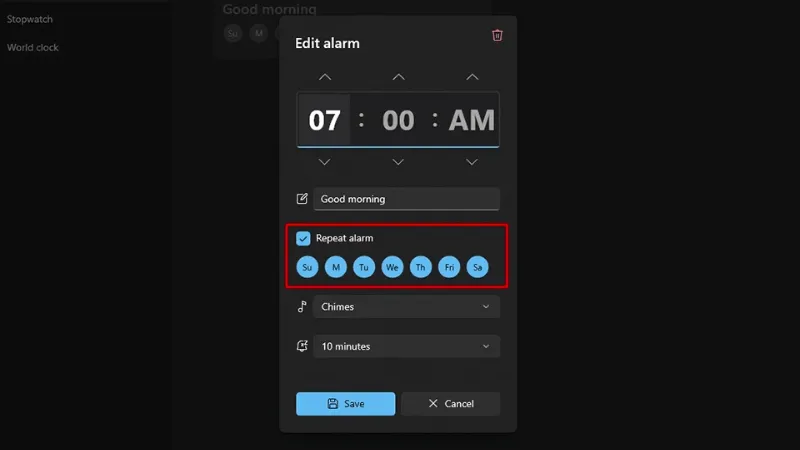 Cài đặt chế độ lặp lại theo từng ngày trong tuần