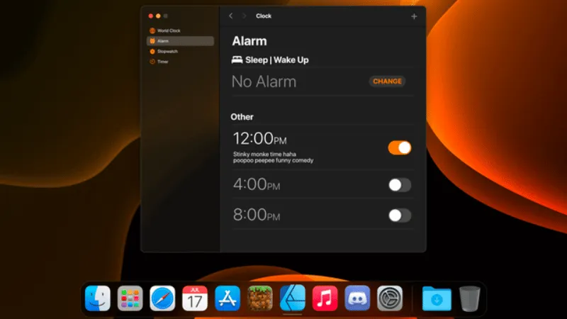 Giao diện tab báo thức trên MacBook cực kỳ đơn giản