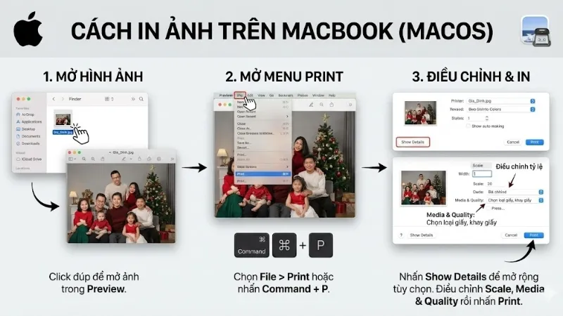 Cửa sổ in ảnh trên macOS với tùy chọn Media & Quality